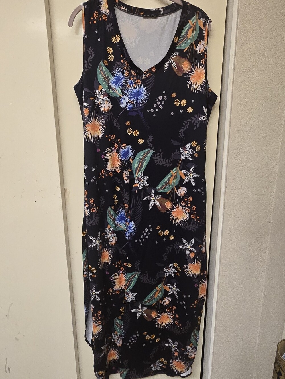 Black Floral V-Neck Maxi Dress with Tropical Print